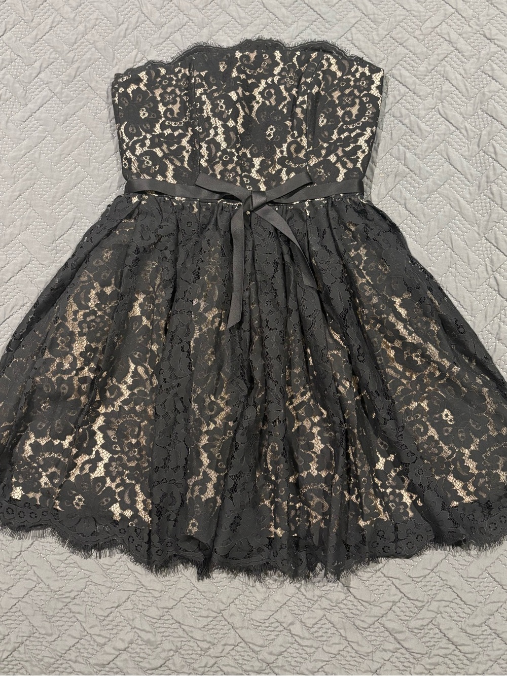 Robert Rodriguez Black Lace Strapless Cocktail Mini Dress with Nude Underlay